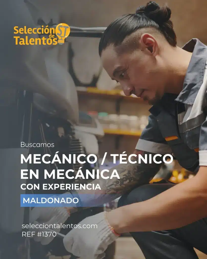 Mecánico / Técnico en Mecánica – Maldonado Nos encontramos en la búsqueda de Mecánico para incorporarse al equipo de importante industria de birrodados en el departamento de Maldonado. Requisitos (excluyentes): ● Conocimiento y experiencia comprobable en mecánica ● Edad: mayor de 25 años ● Libreta de conducir vigente ● Buena presencia ● Disponibilidad full time Se valorará: ● Responsabilidad y compromiso ● Buen relacionamiento interpersonal ● Capacidad para trabajar en equipo ● Proactividad y orden en el trabajo Se ofrece: ● Incorporación a empresa sólida del rubro ● Buen ambiente laboral ● Estabilidad 📍 Zona: Maldonado 🕒 Horario: de lunes a viernes de 9 a 18 y sábados de 9 a 13